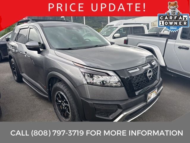 2023 Nissan Pathfinder Rock Creek in Gun Metallic — front three-quarter view