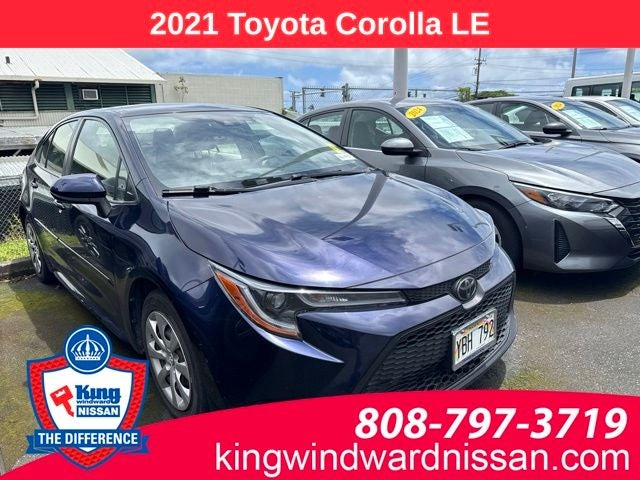 2021 Toyota Corolla LE in Blueprint — front three-quarter view